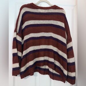 Listicle Off-the-Shoulder Striped Sweater - Brown, Cream, and Purple